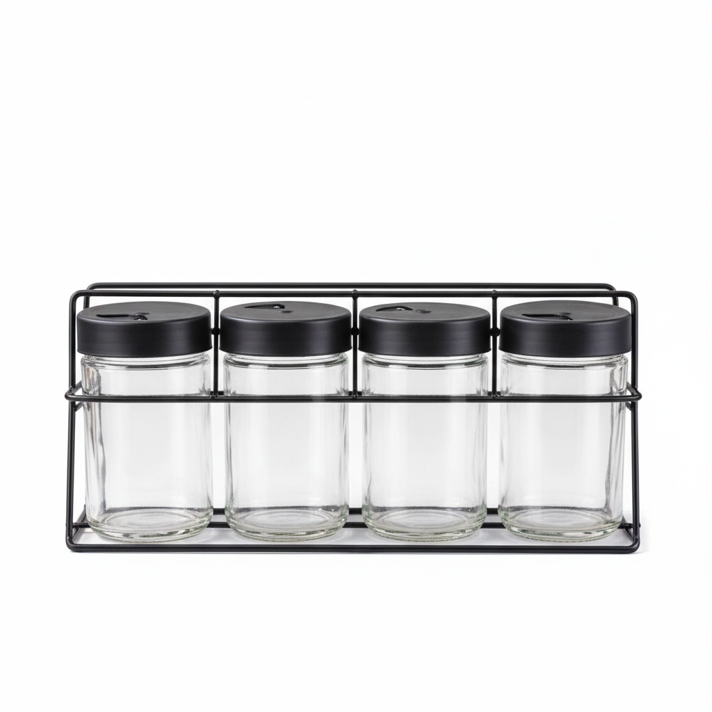 Set especieros 4 frascos vidrio base metalica negra vista frontal
