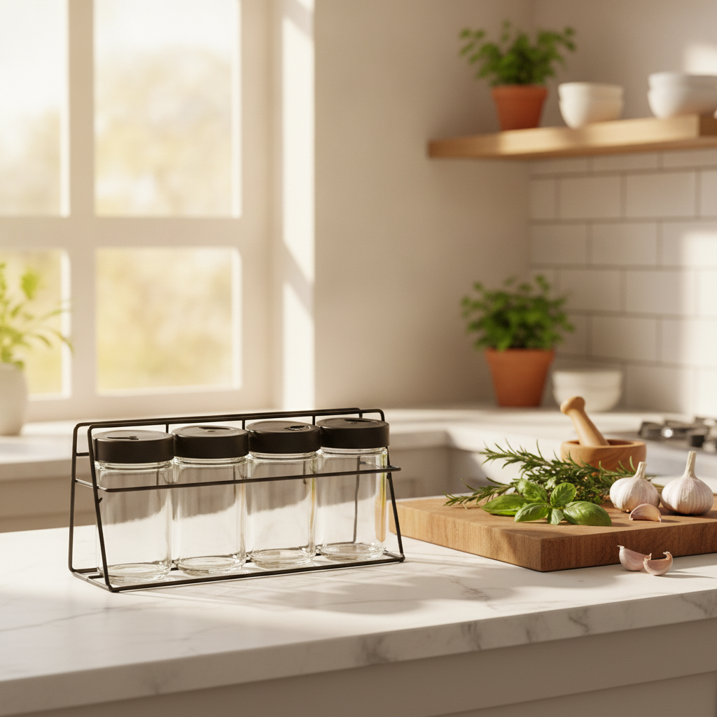 Especieros vidrio cocina chilena moderna mesón mármol condimentos