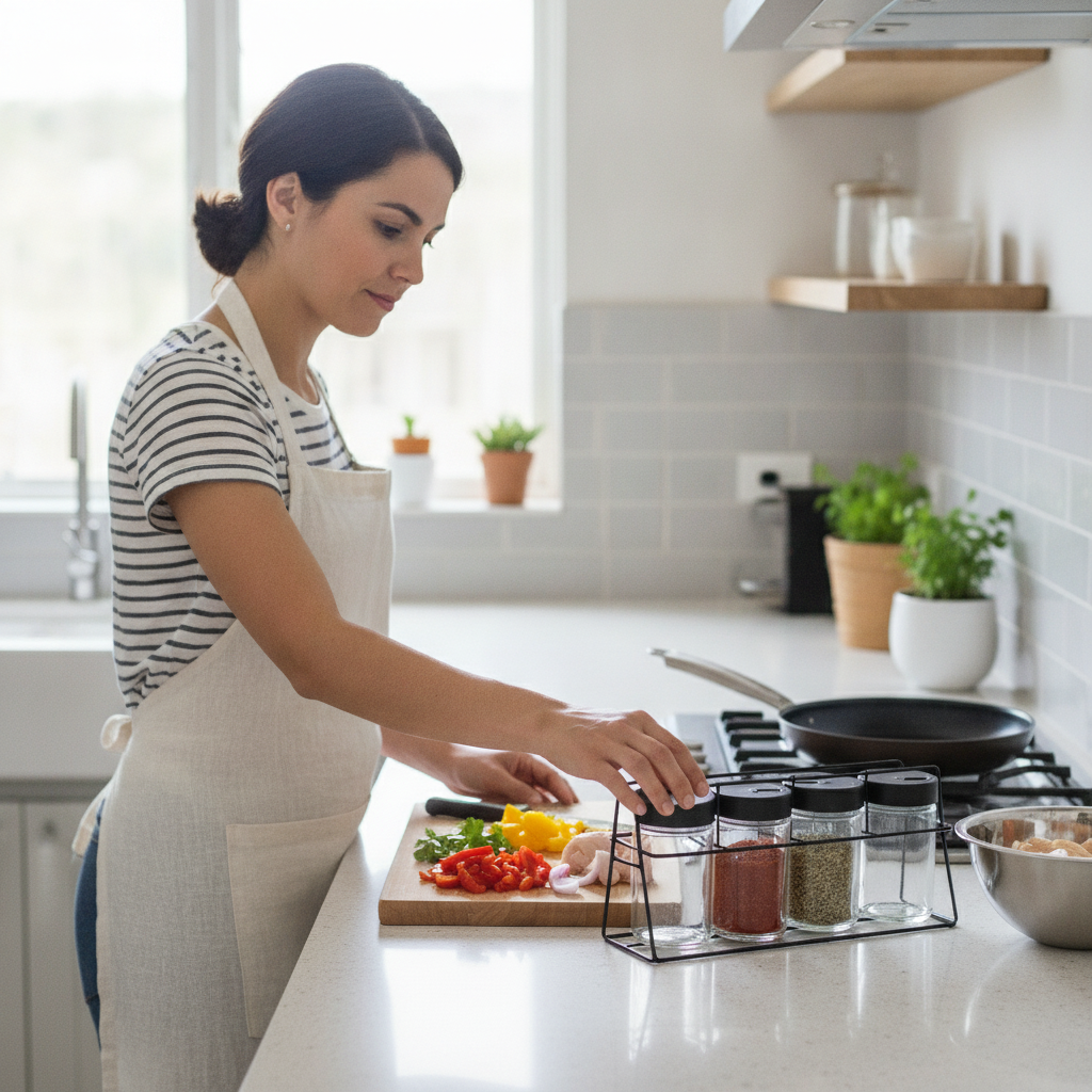 Mujer cocina chilena usando especiero frasco vidrio soporte metal