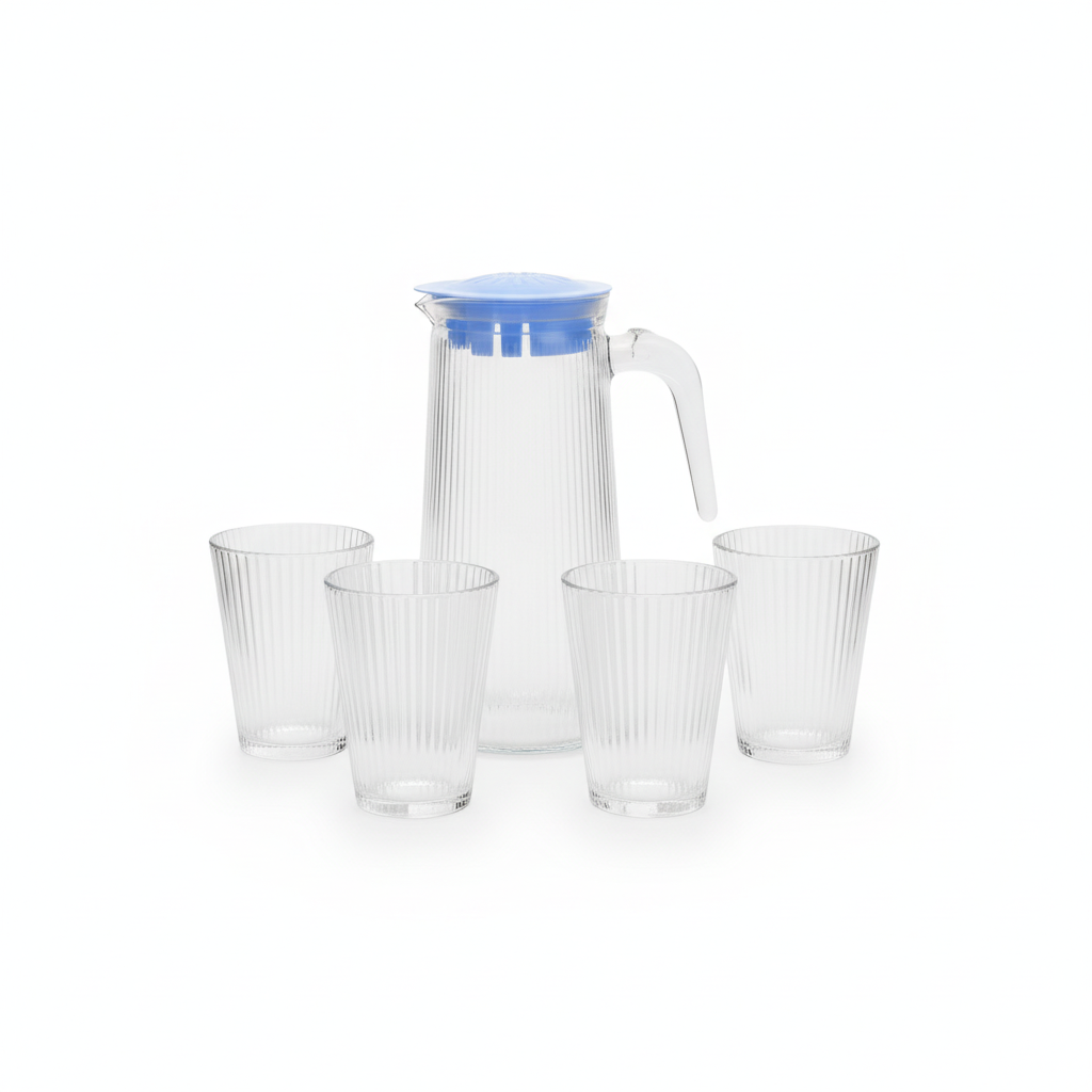 Set jarra vidrio 750ml con 4 vasos 160ml acanalados vista frontal fondo blanco