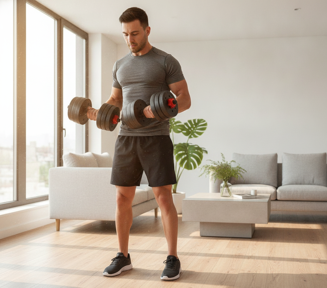Set pesas ajustables ordenado en rincón gym hogar chileno