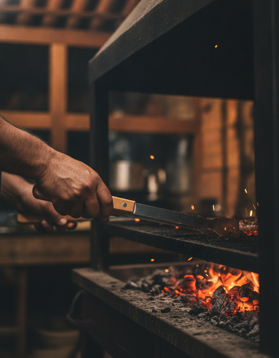 Manos sujetando pinzas parrillera mango madera sobre brasa parrilla chilena