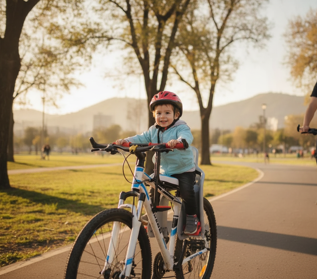 Madre instalando asiento infantil delantero bicicleta de montaña
