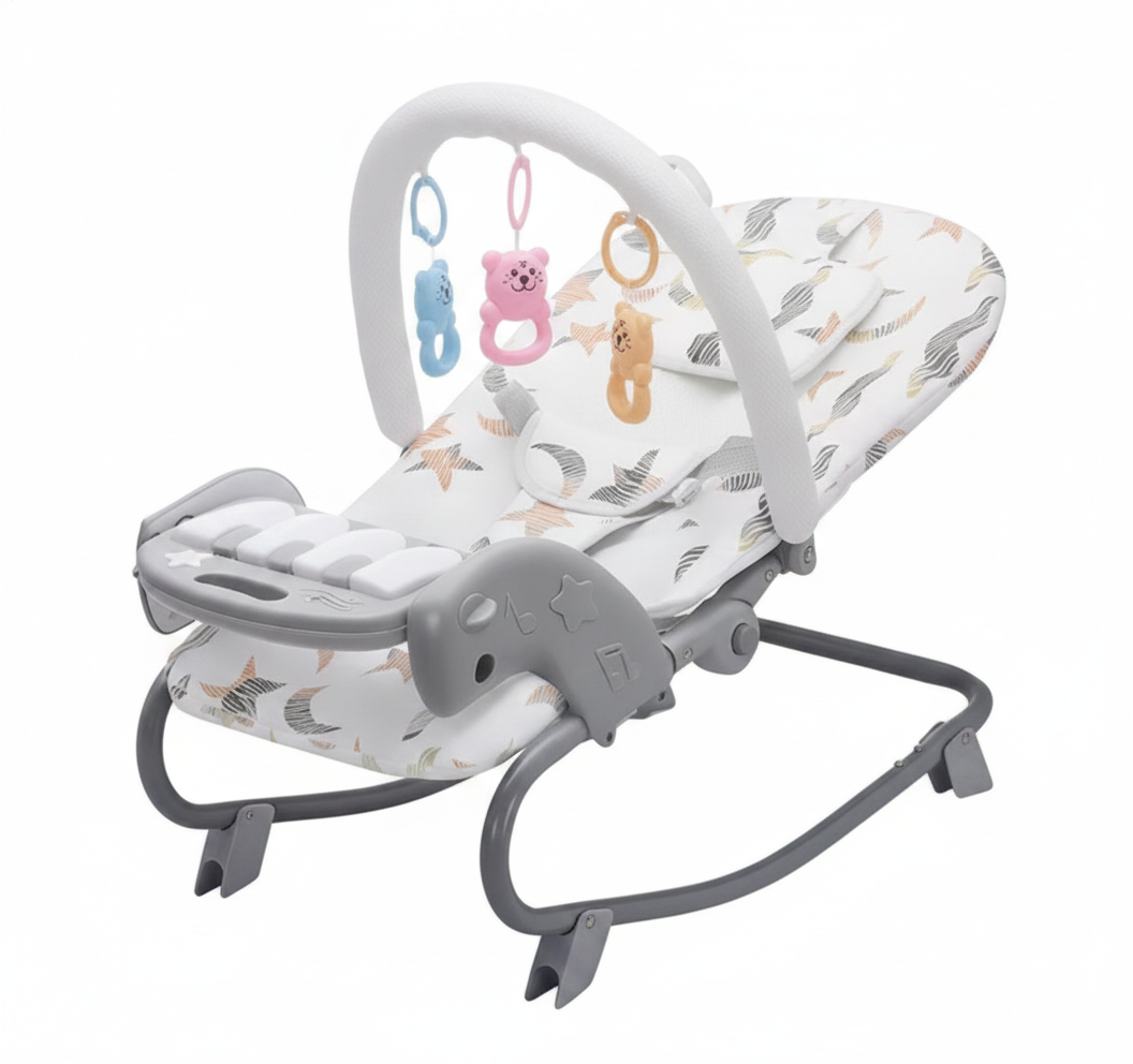 Silla mecedora bebé 3en1 con piano musical y barra de juguetes vista frontal