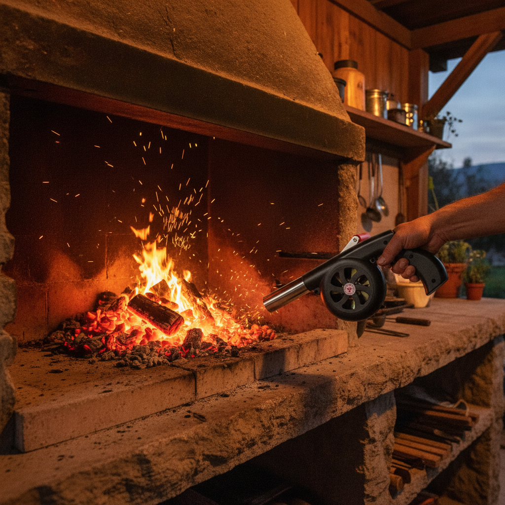 Fuelle iniciador fuego carbón parrilla quincho chileno encendiendo brasas