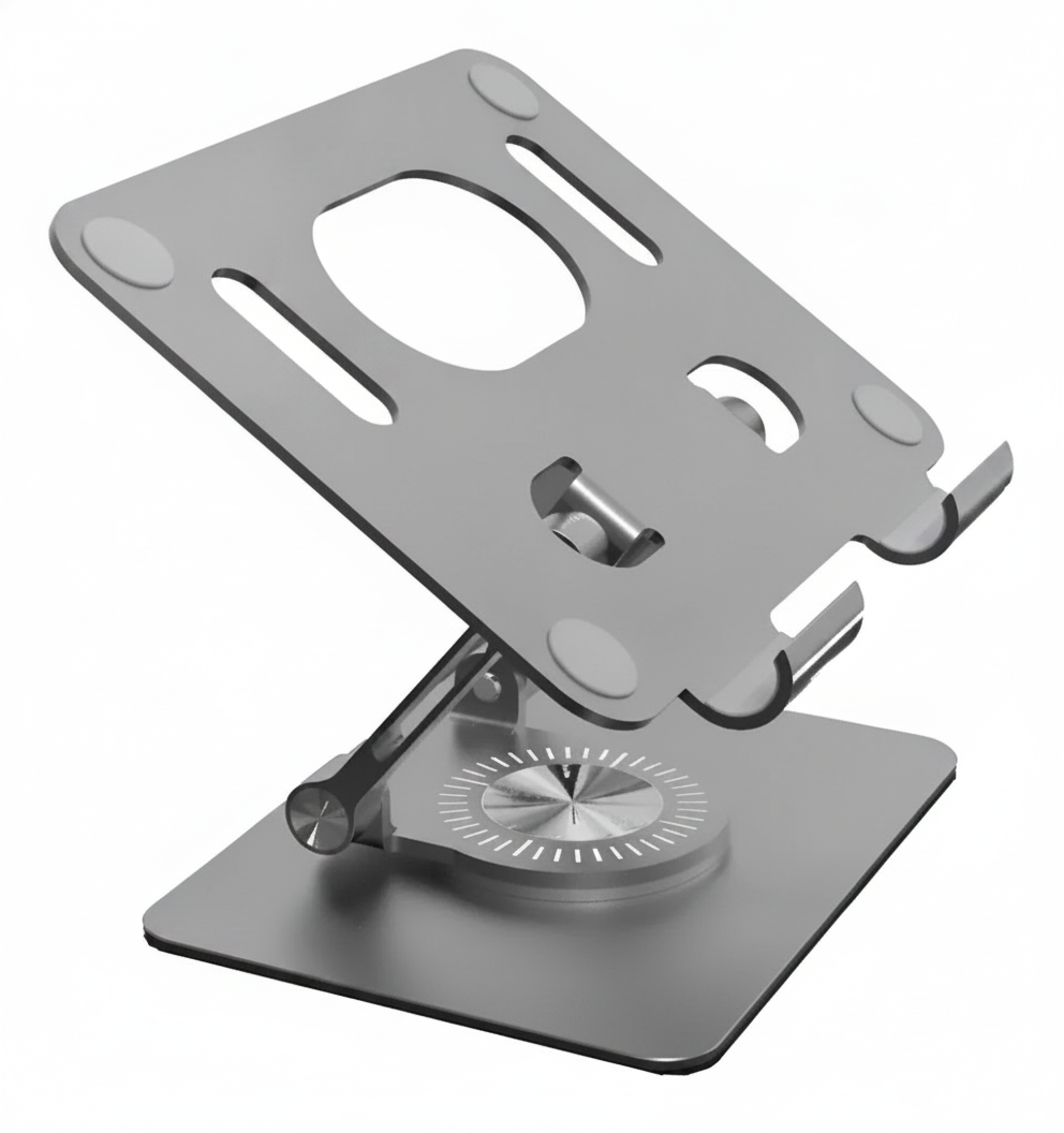 Soporte alzador notebook iPad aluminio 360 grados vista frontal fondo blanco