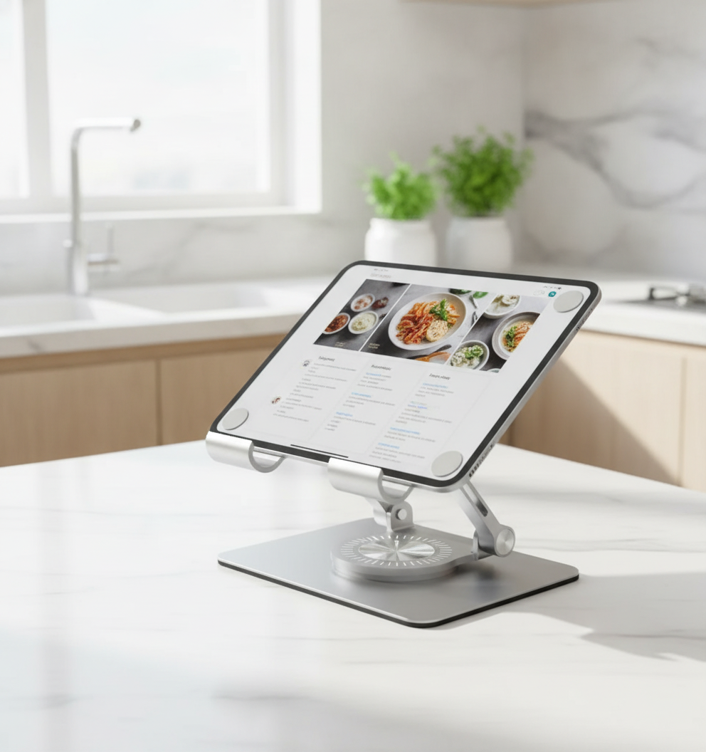 Alzador tablet aluminio escritorio home office chileno luz natural