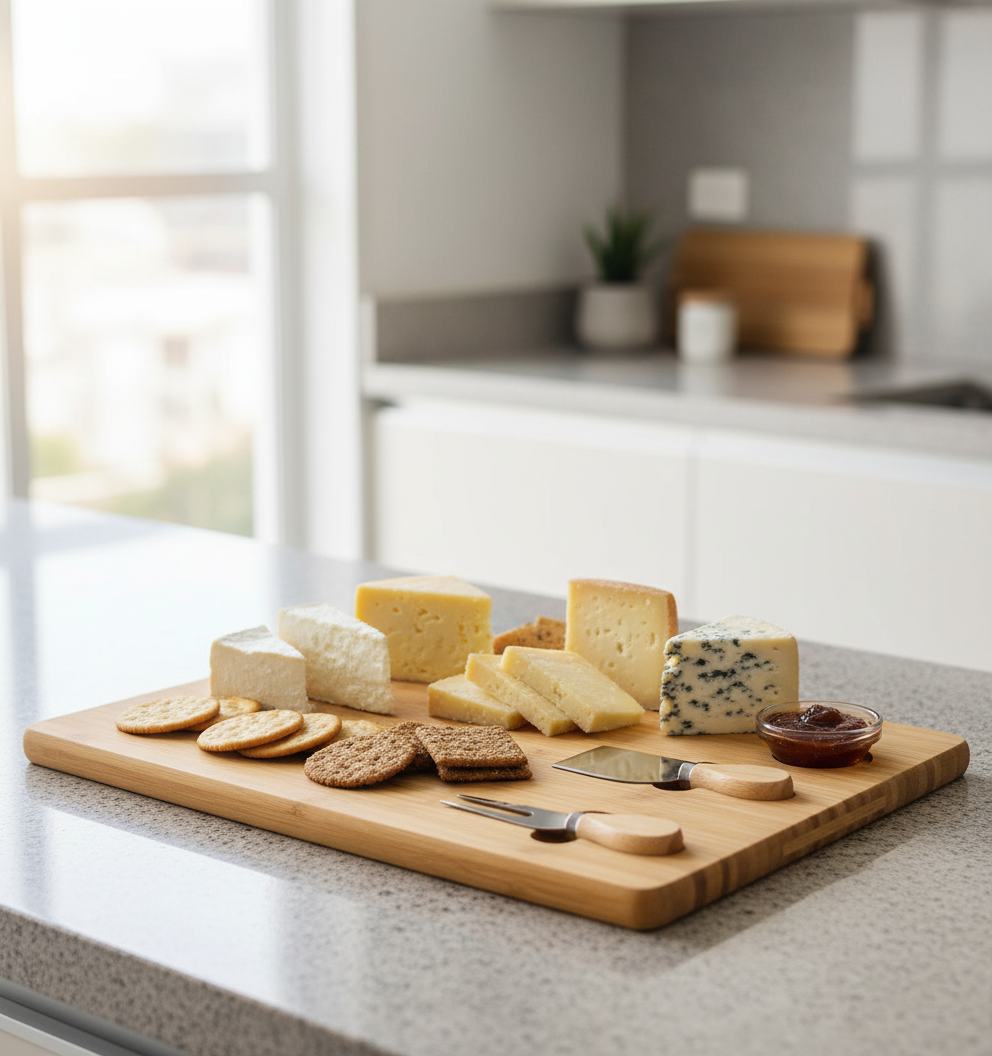 Tabla de madera bambú para picoteos con quesos y cuchillos cocina moderna chilena