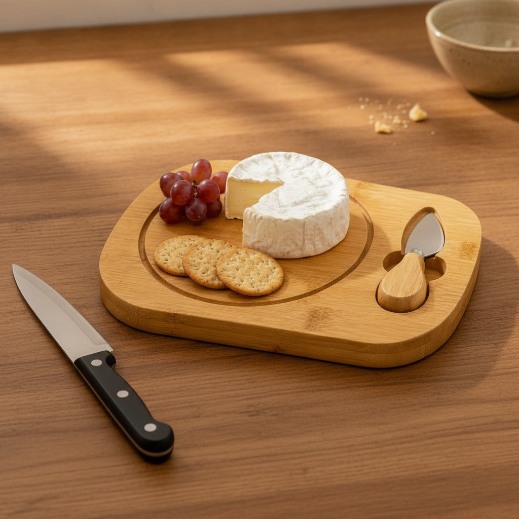 Tabla de cortar bambú con queso y crackers en cocina chilena vista real tamaño