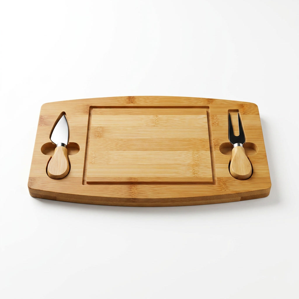 Tabla bambú picoteo con cuchillos queso set 3 piezas fondo blanco