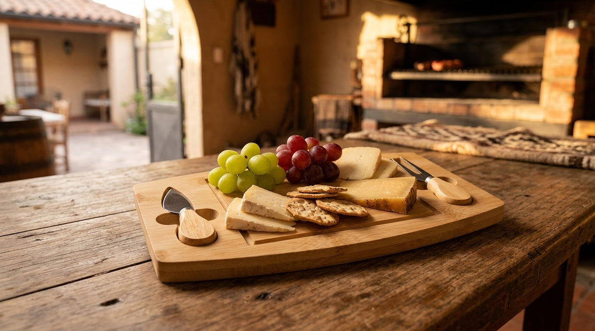 Tabla bambú picoteo queso fiambres asado quincho chileno reunión