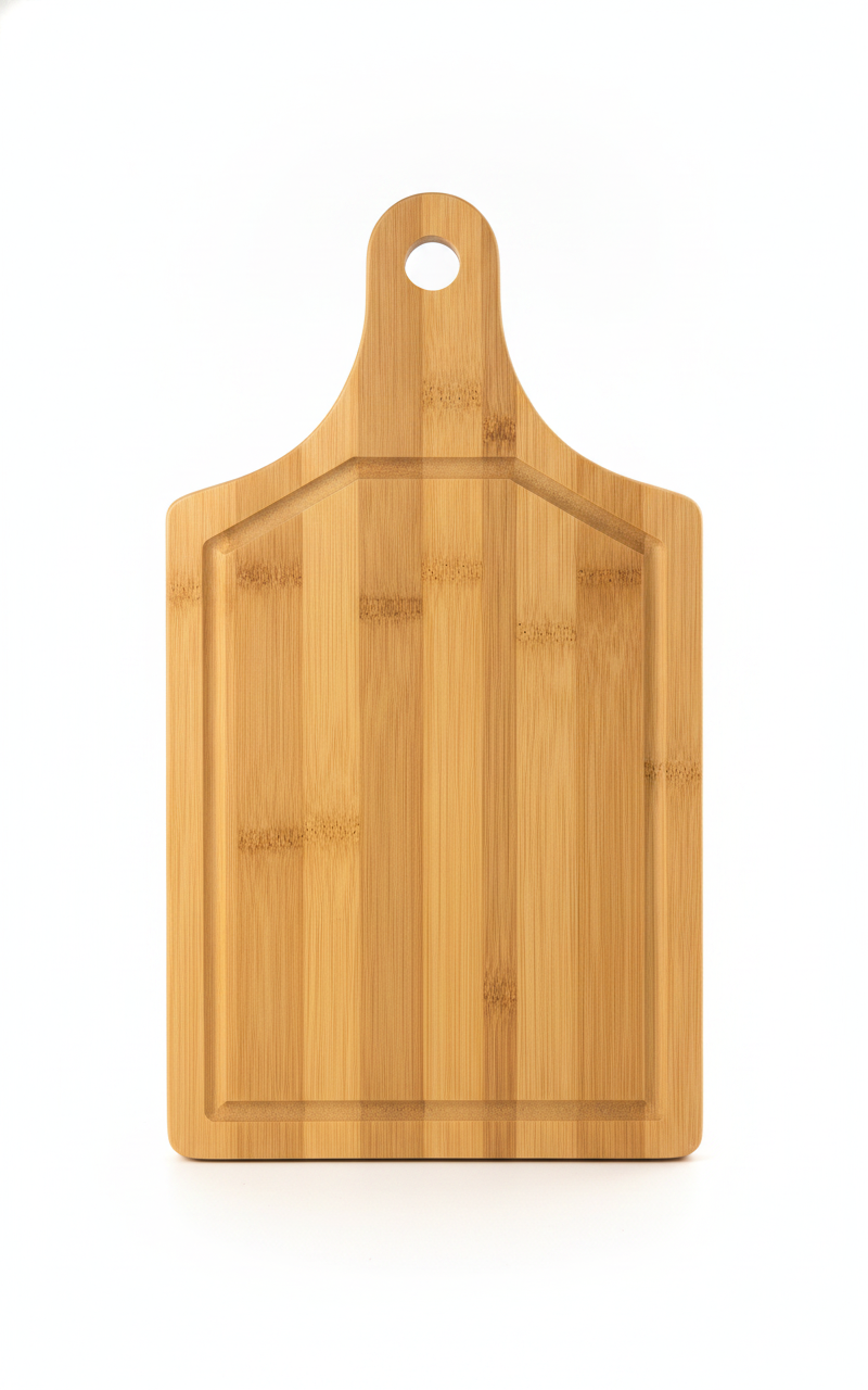 Tabla de bambú picoteo asado 33x18cm con asa vista frontal fondo blanco