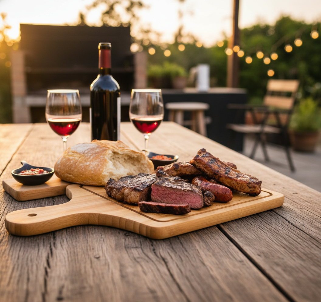 Tabla madera cuadrada servida en quincho chileno con carnes asadas y vino