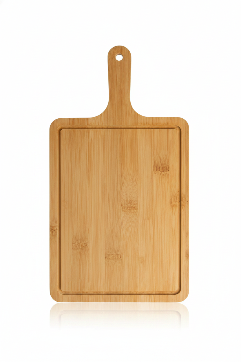 Tabla de picar bambú rectangular con mango vista frontal fondo blanco
