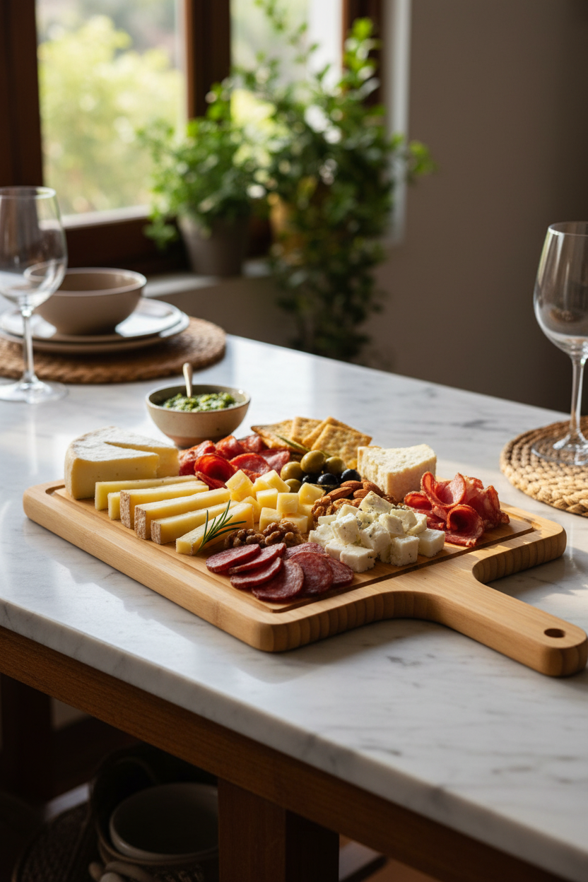 Tabla para picoteo bambú en asado chileno quincho con pizza