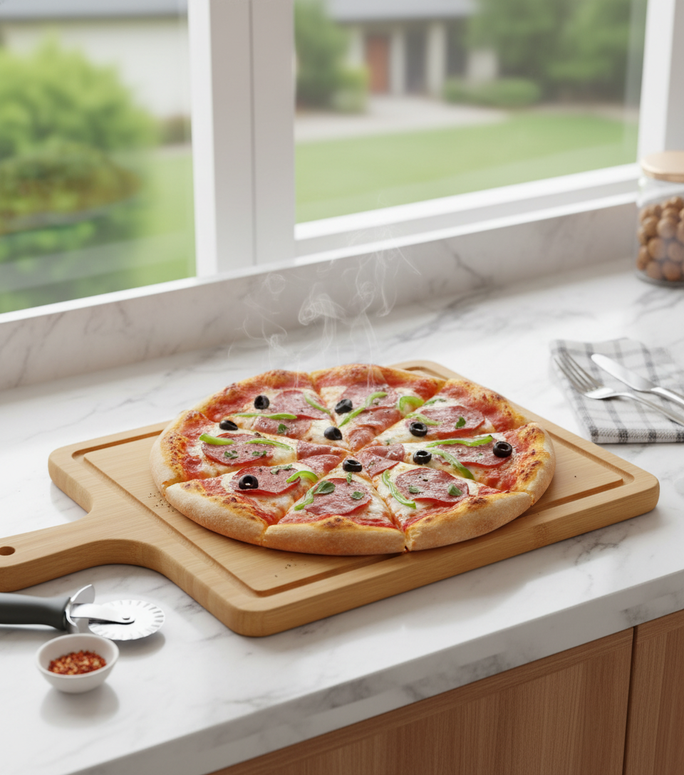 Tabla de madera bambú con quesos y frutas reunión familiar hogar