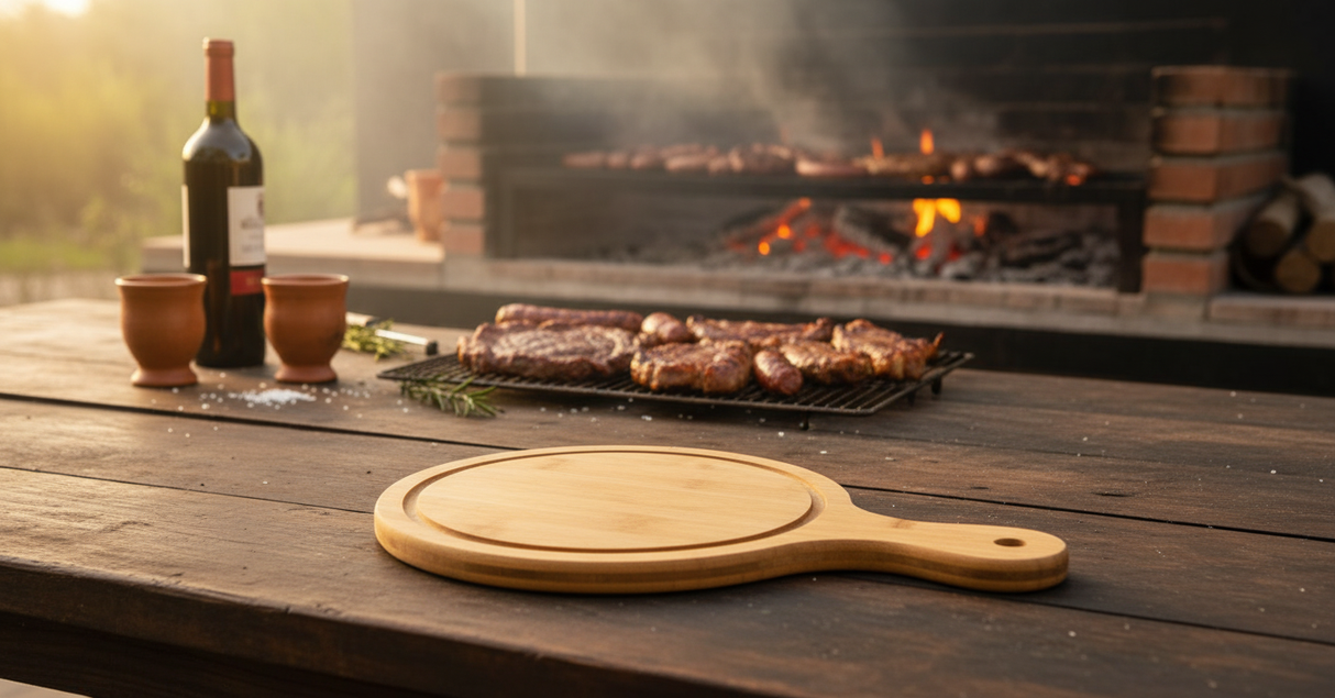 Tabla madera redonda picoteo asado quincho chileno reunión familiar