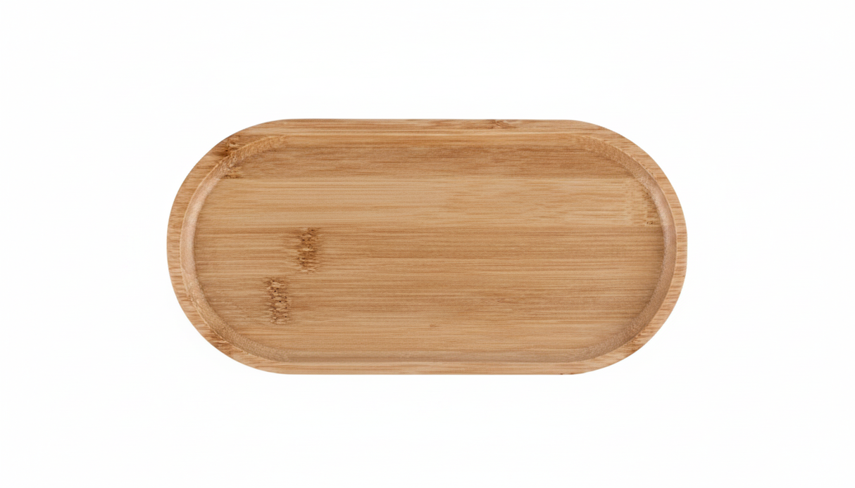 Tabla picoteo madera ovalada bambú 33x13cm vista frontal fondo blanco