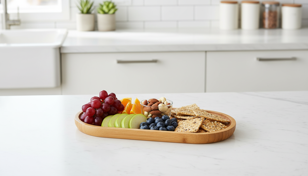 Tabla madera ovalada con aperitivos en cocina moderna chilena mármol