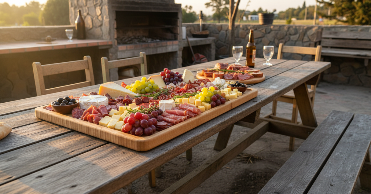 Tabla de picar madera cocina chilena con frutas y quesos luz natural