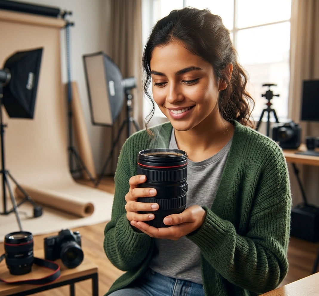 Fotógrafo chileno sosteniendo taza mug lente cámara en estudio