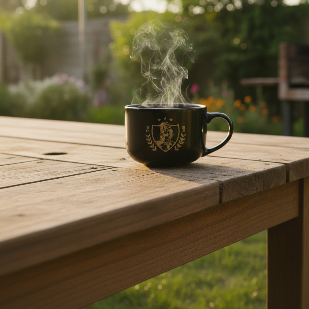Taza Colo Colo 100 años sobre mesa de quincho chileno asado fondo jardín
