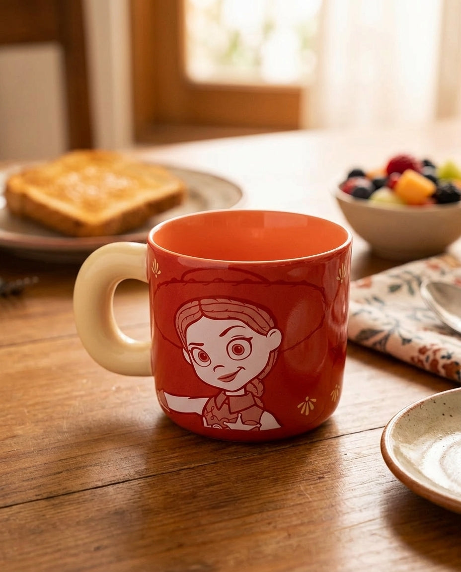 Tazón Jessie Toy Story sobre mesa desayuno familiar chilena con café