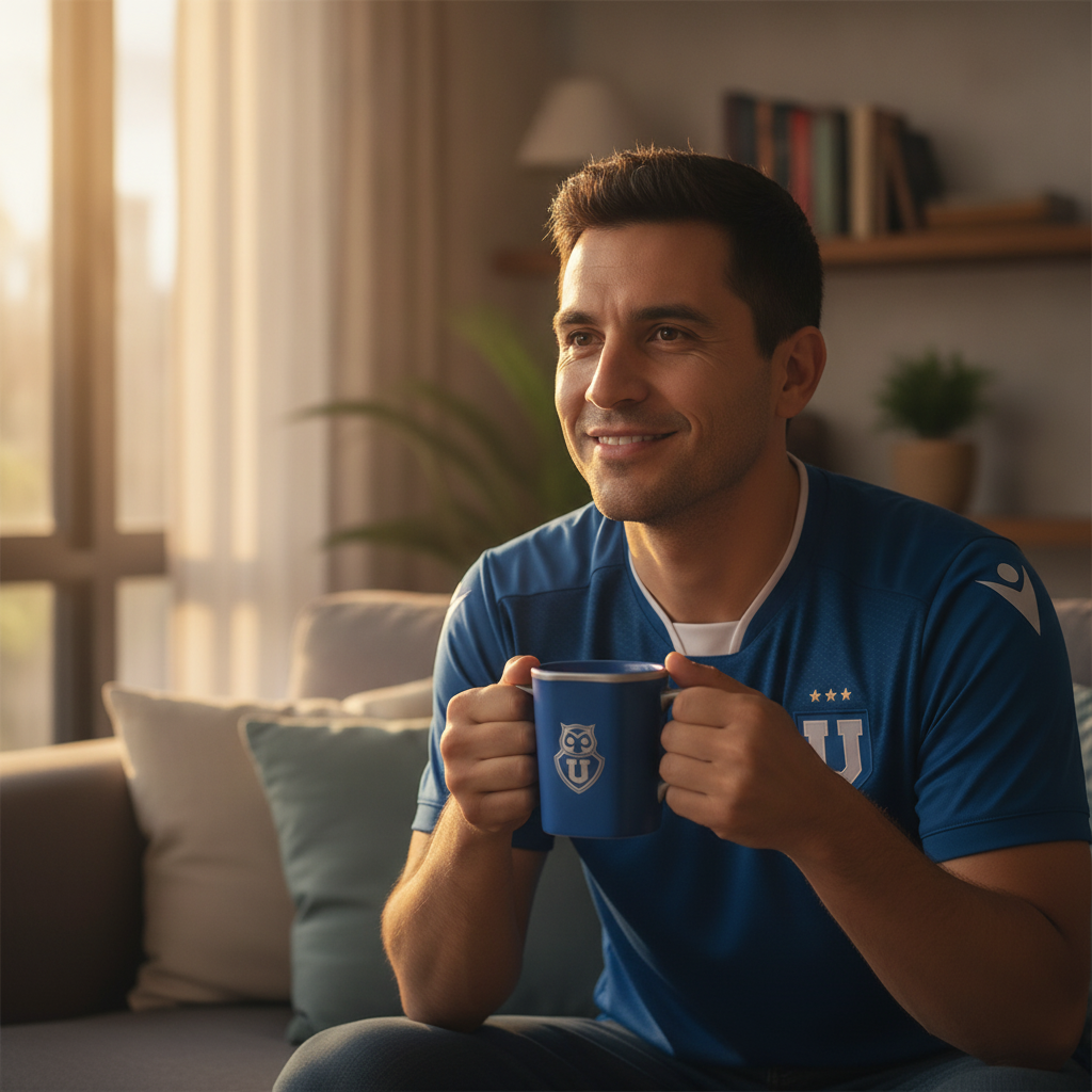 Hincha U de Chile sosteniendo tazón cerámico azul acero 440ml en living