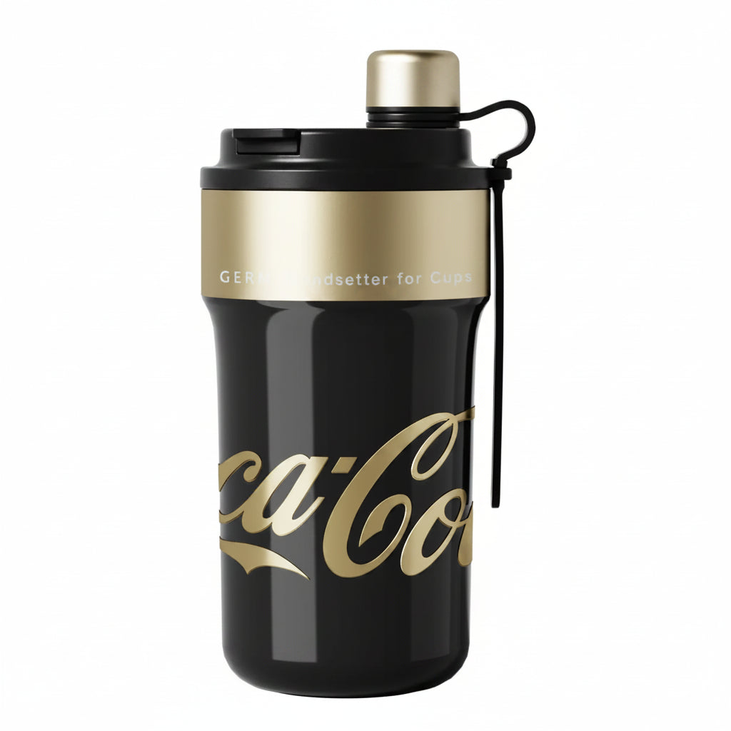 Termo Coca-Cola Germ Paipai 650ml negro dorado acero inoxidable vista frontal oficial