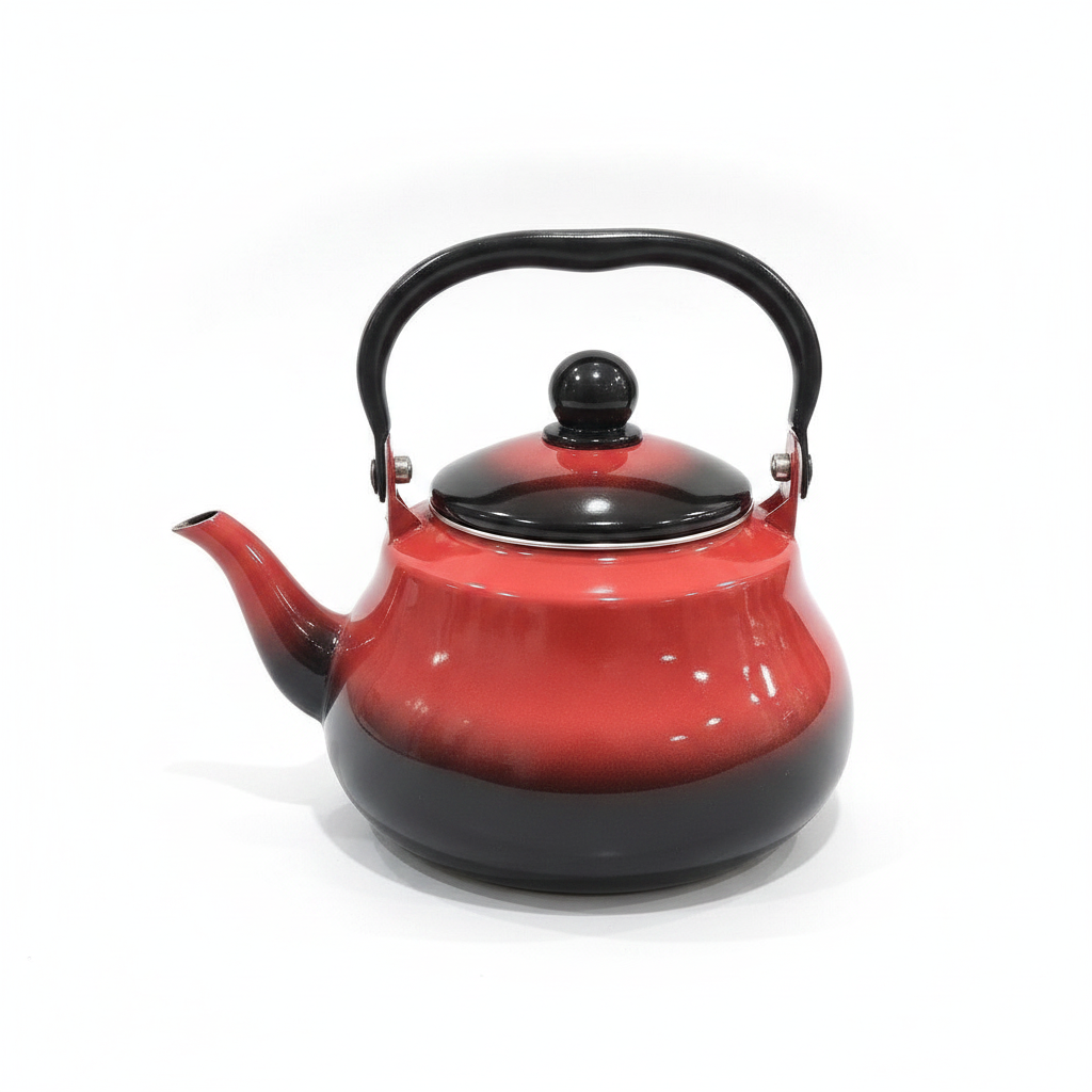 Tetera esmaltada 1.5 litros roja negra vista frontal fondo blanco