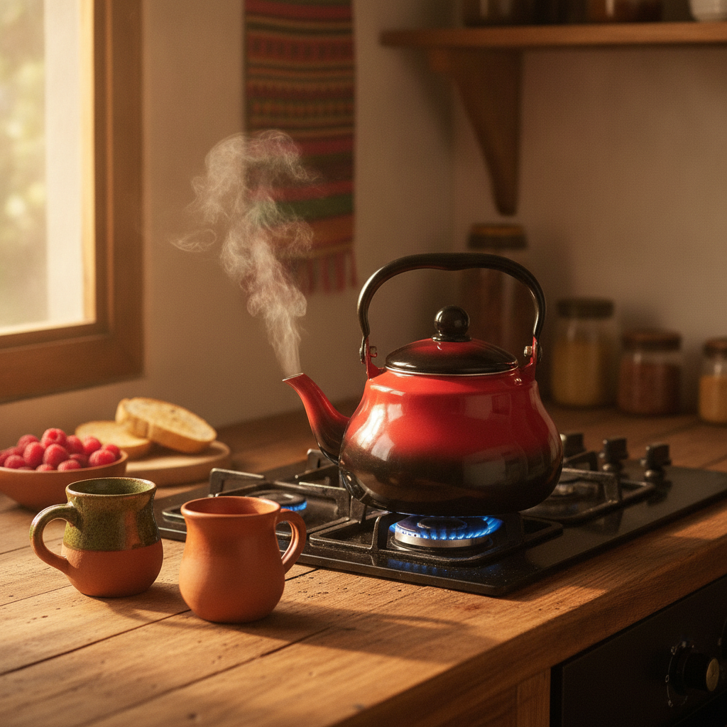 Tetera esmaltada roja cocina chilena hornilla gas cotidiana