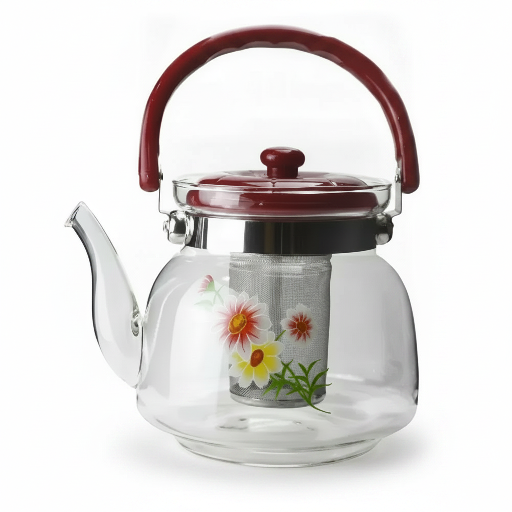 Tetera infusor vidrio borosilicato 1100mL asa roja diseño floral vista frontal