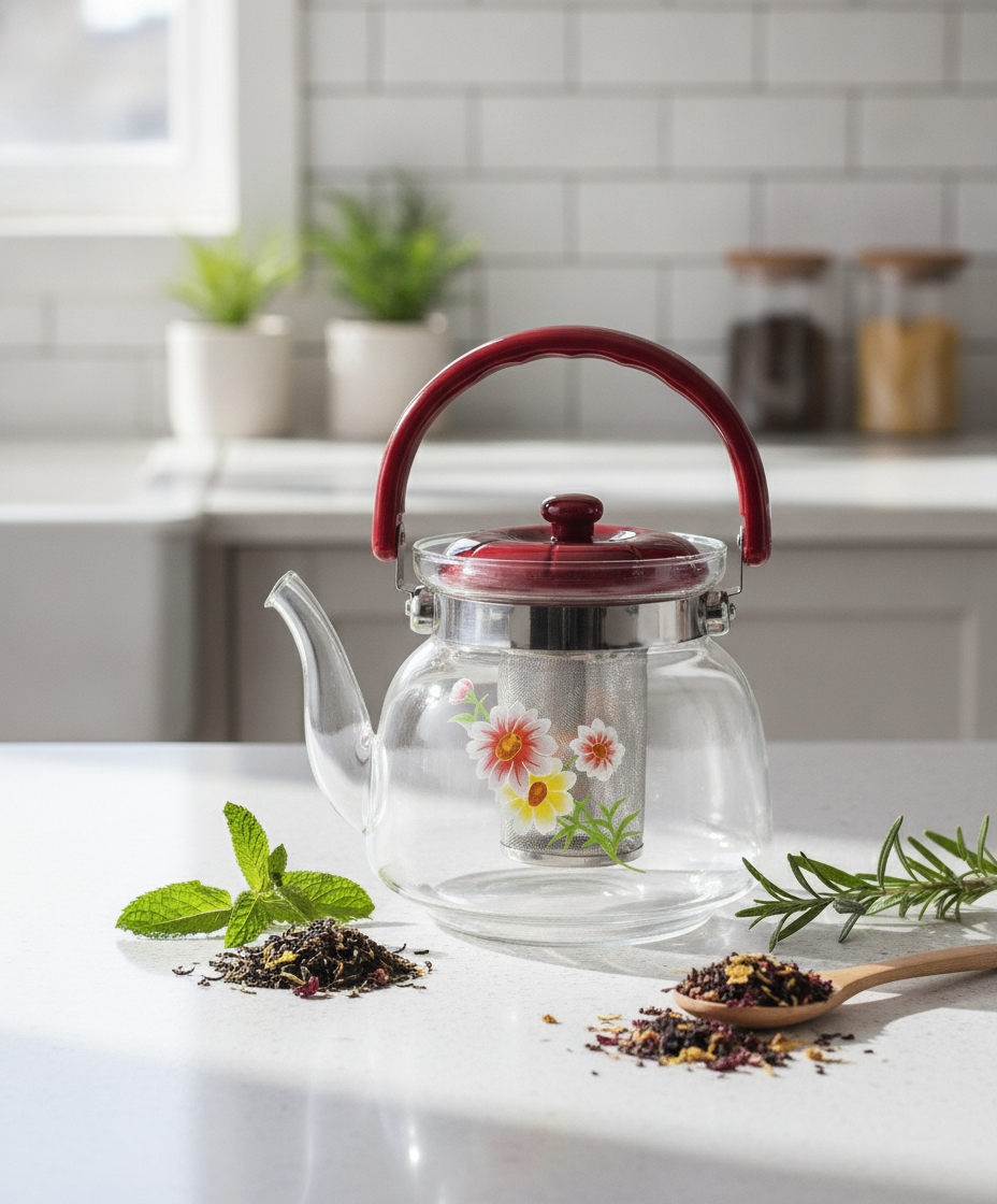 Tetera vidrio con infusor sobre mesa madera chilena con taza de te caliente