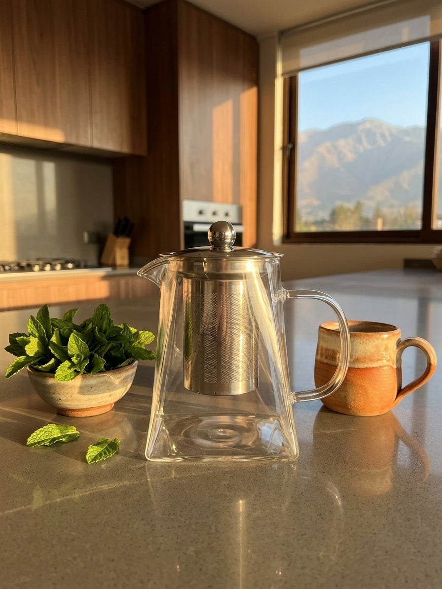Tetera te en hoja vidrio transparente sala estar hogar chileno taza ceramica