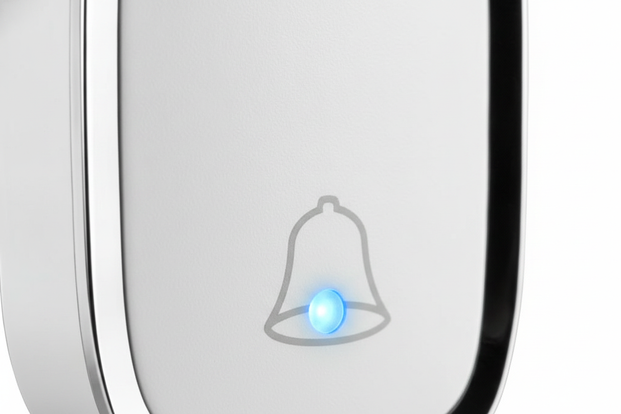Persona adulta mayor presionando timbre inalambrico exterior boton blanco