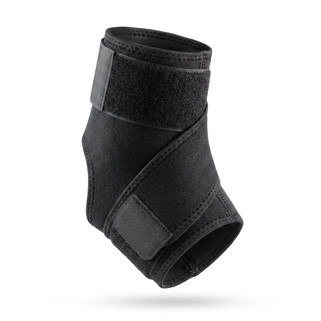 Tobillera compresión DeRoyal negra con velcro soporte tobillo vista frontal fondo blanco
