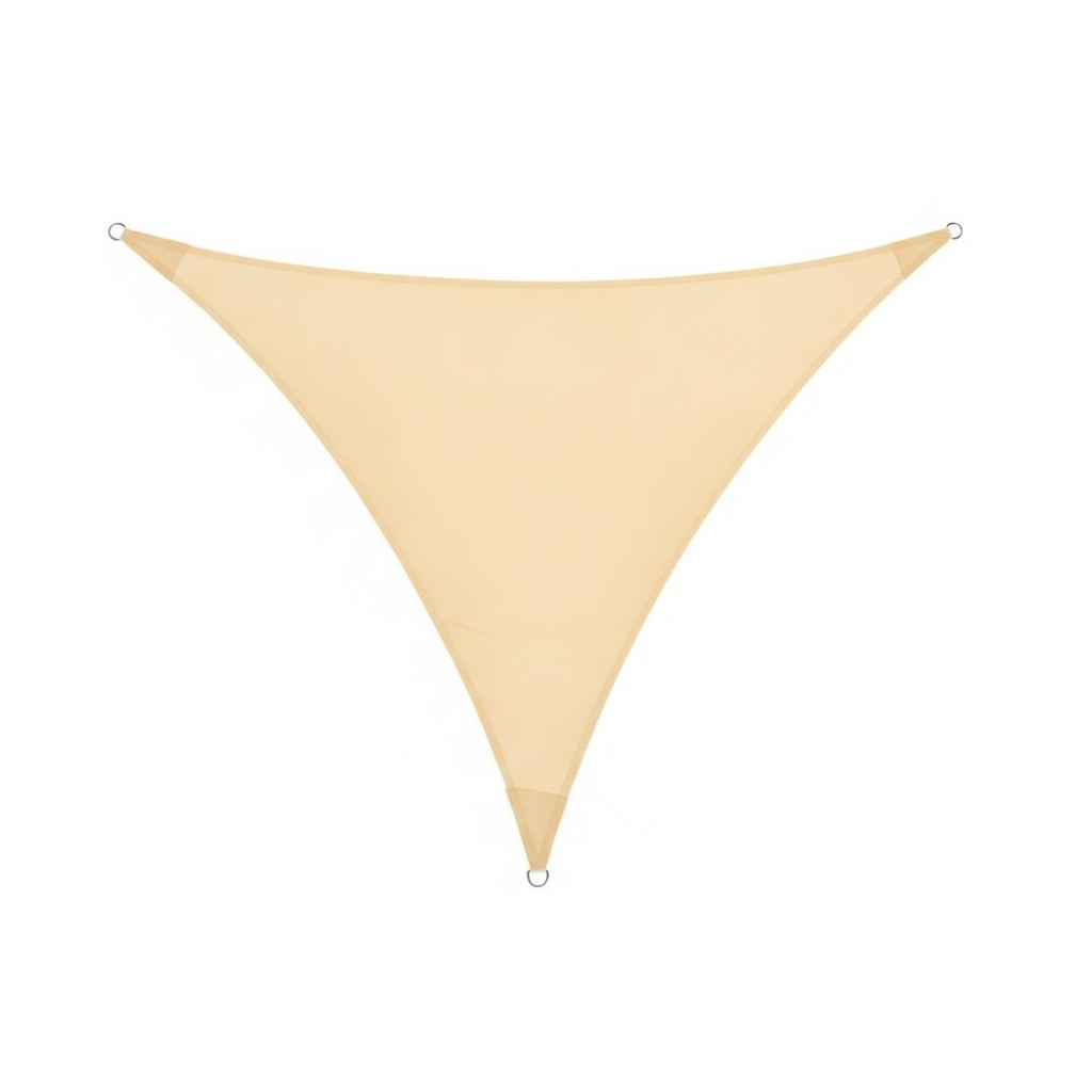 Toldo vela triangular beige 3.5x3.5m impermeable fondo blanco vista frontal