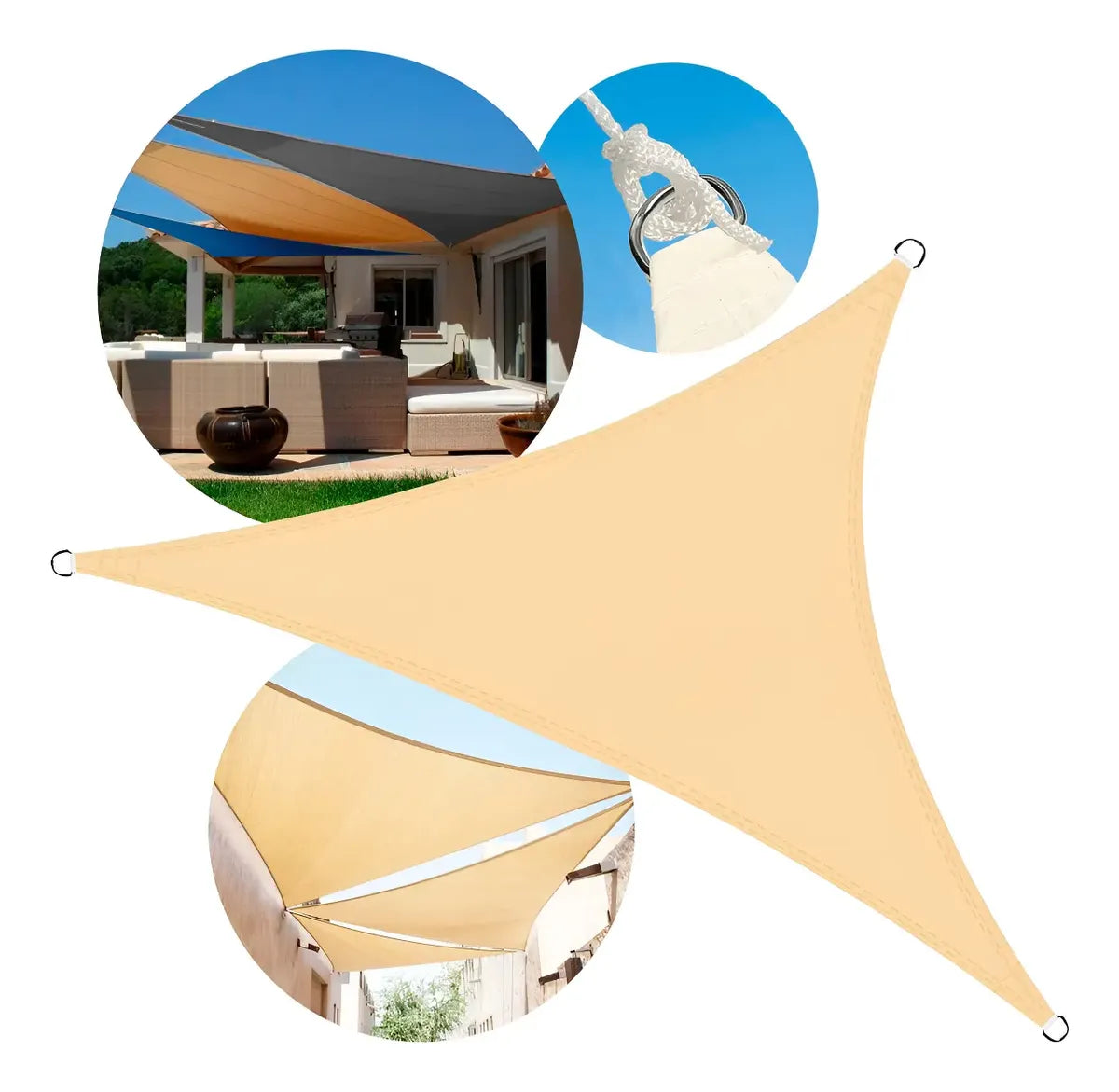Toldo vela triangular beige 5x5x5m plegado con cuerdas vista frontal fondo blanco