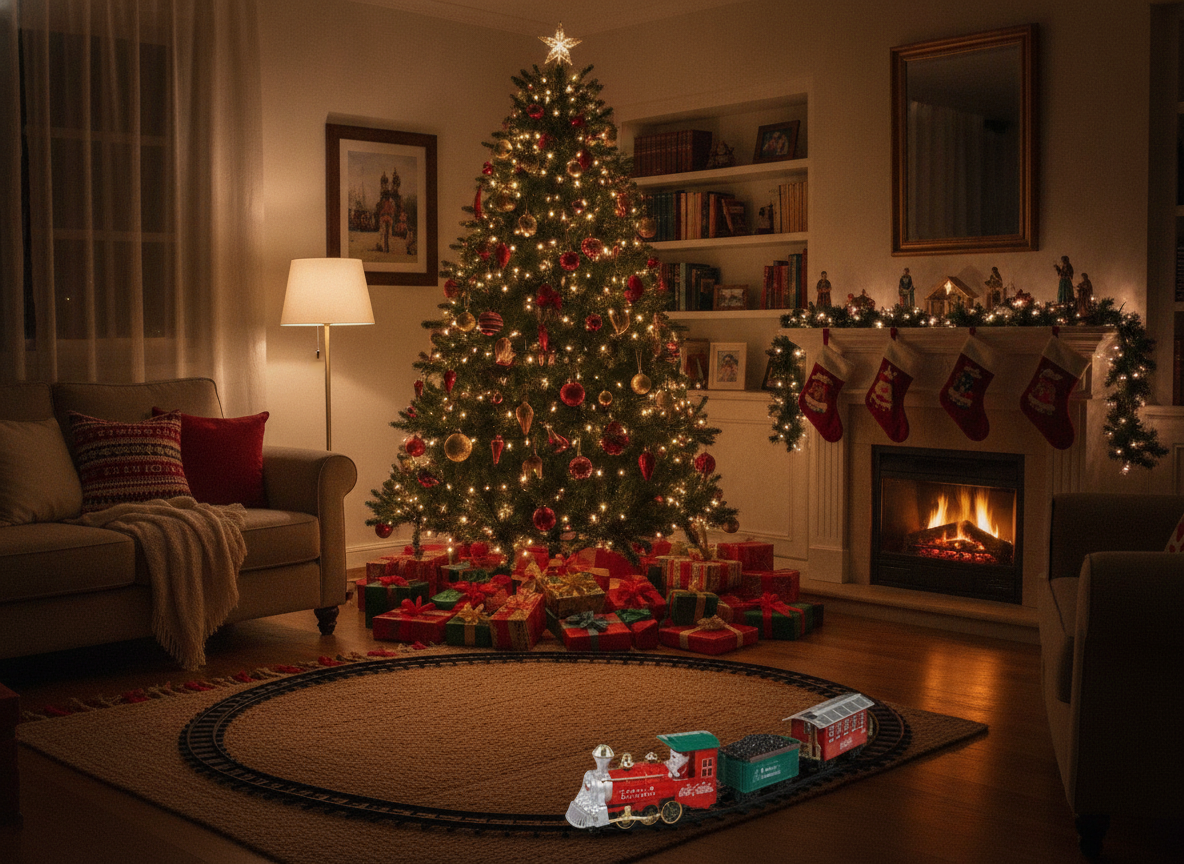 Tren navideño con rieles decorando árbol de navidad en living chileno