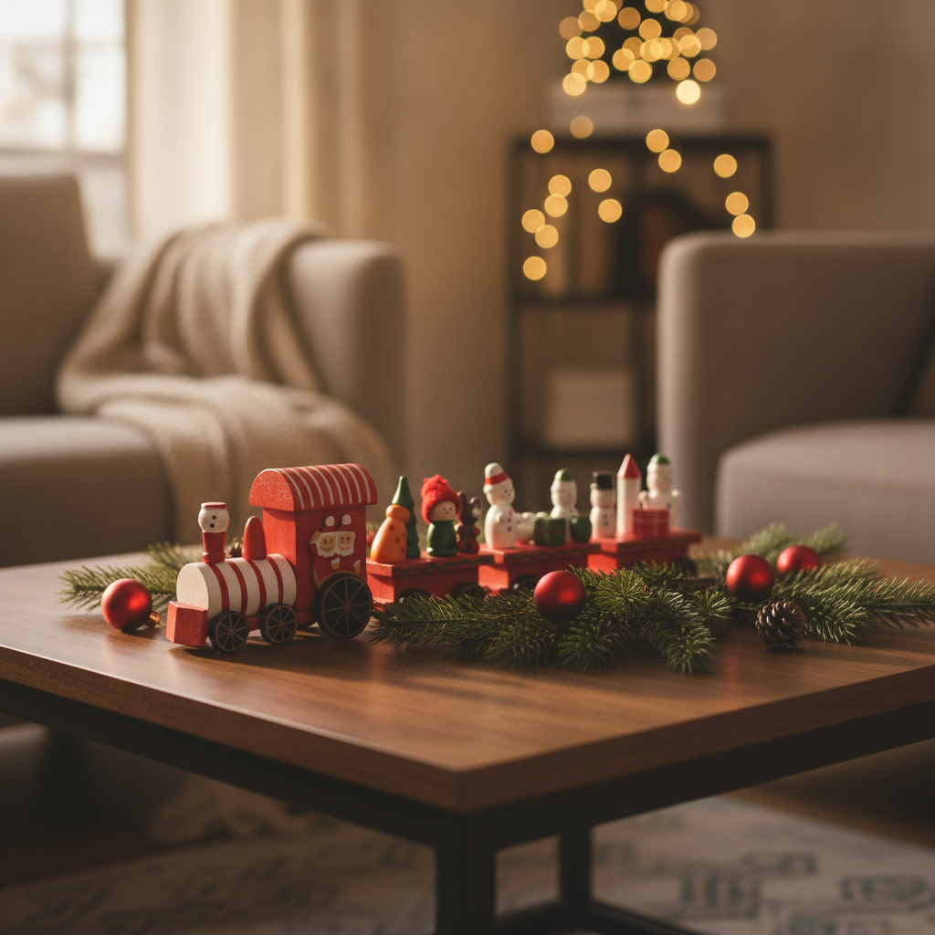 Tren navideño decoración living hogar chileno Navidad sobre mesa de madera