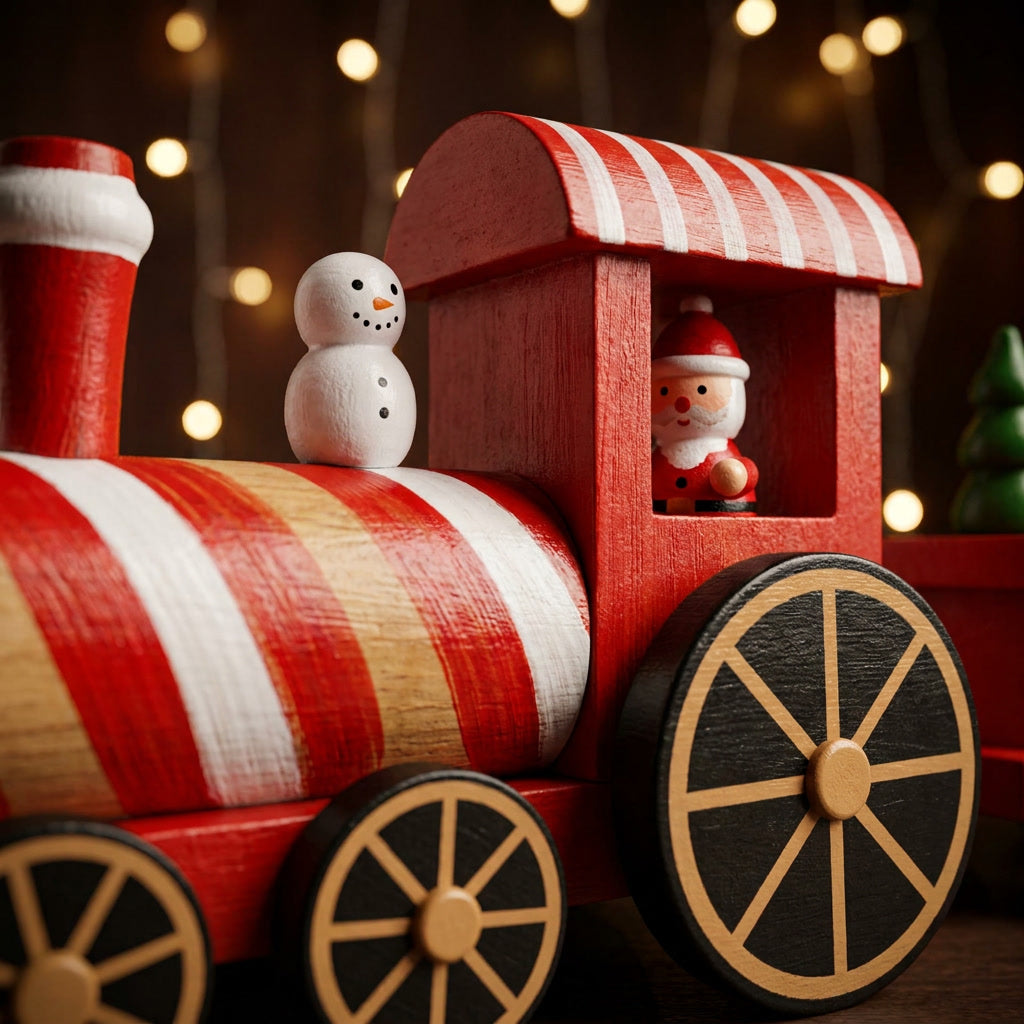 Adorno navideño tren rojo sobre repisa decorada con regalos y velas Navidad