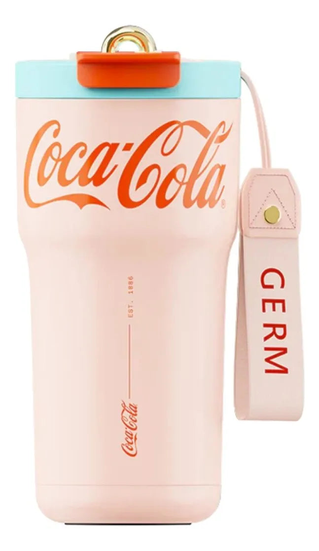 Mug térmico Coca Cola vintage GERM 700ml rosa pastel vista frontal fondo blanco