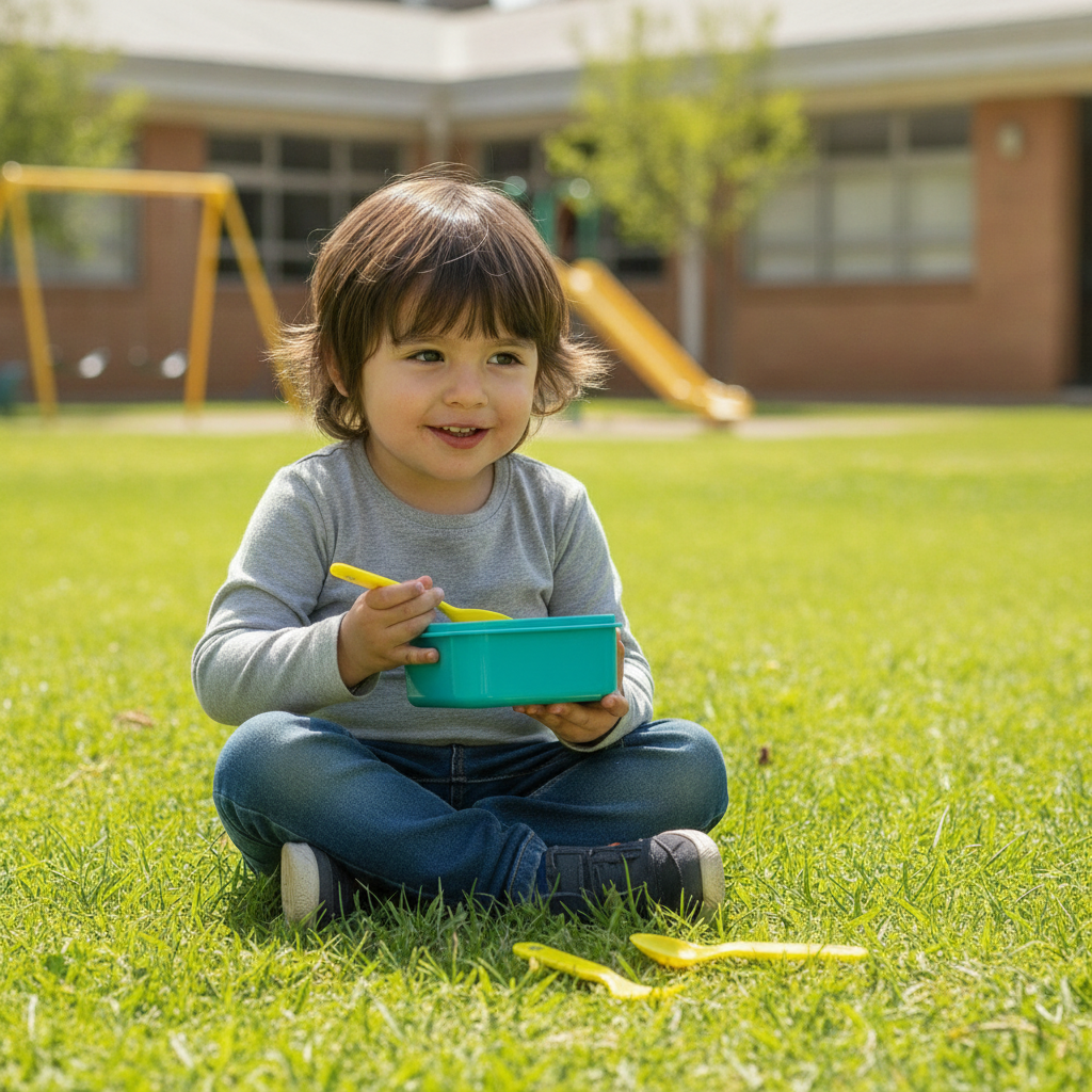 Niño usando tupper Kido azul en patio escolar día soleado