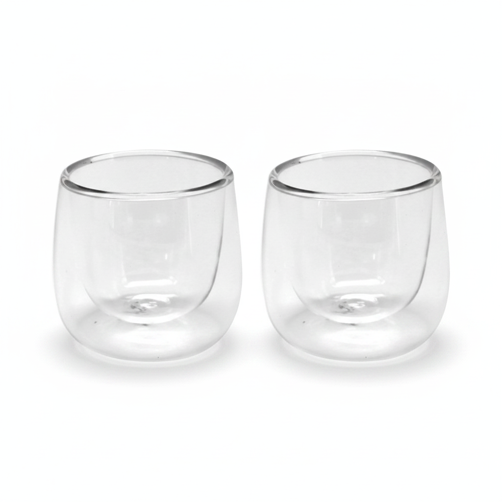 Set 2 vasos espresso doble pared vidrio Glasso 90ml vista frontal fondo blanco