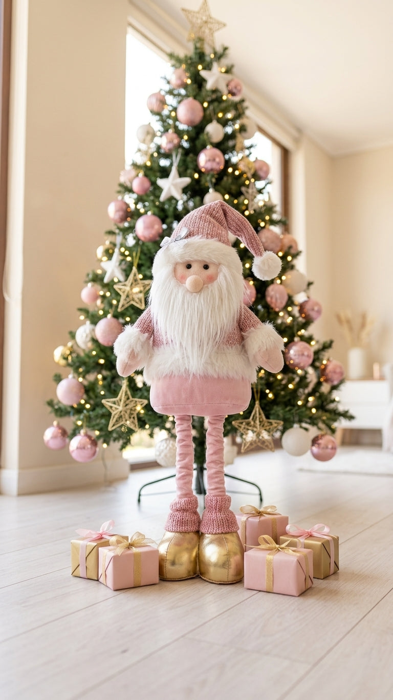 Adorno navideño pascuero rosado sobre cómoda pieza chilena decorada en pastel