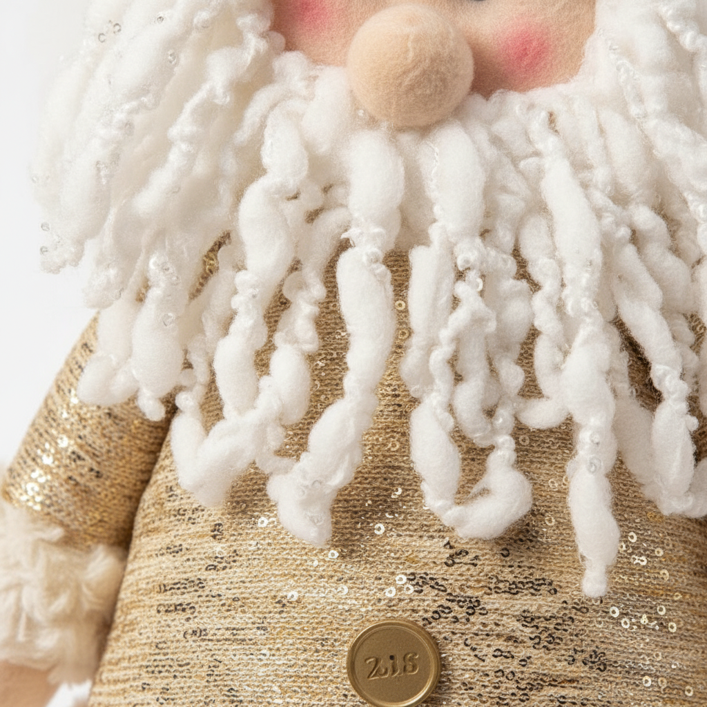 Detalle textura tela dorada barba rizos terciopelo Pascuero navideño