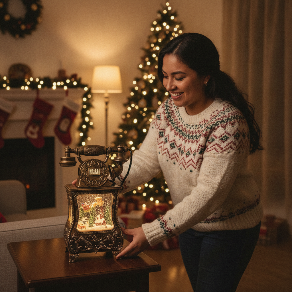 Lampara navideña telefono antiguo bola nieve Papá Noel trineo luz cálida interior