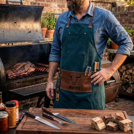 Implementos para quincho: asado a la parrilla con delantal Wayu, cuchillos y leña