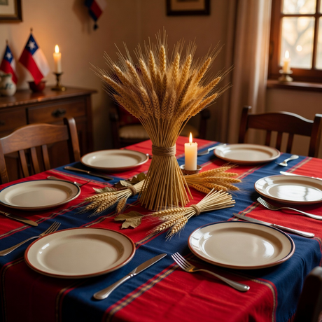 aDecoración de la mesa para el Dieciocho con textil, centro de mesa y colores patrios