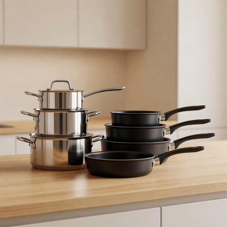 Set de ollas y sartenes de acero inoxidable y antiadherente sobre mesón de cocina
